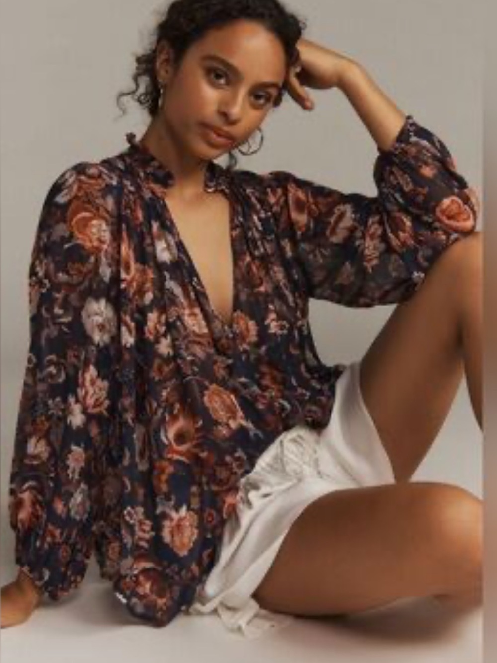 Anthropologie Women’s floral sheer peasant romantic blouse long sleeve shirt LG